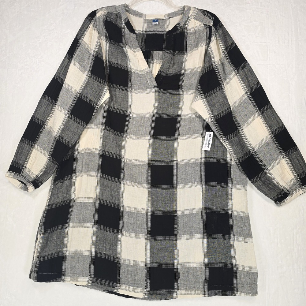 Old Navy XL Tall Black White Buffalo Plaid Gauze Tunic Top Oversized Dress